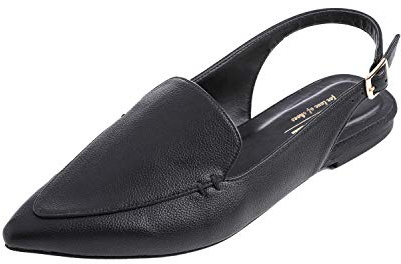 FEVERSOLE spetsig tå casual slingback platta mules dammode spänne rem glidande sommartofflor, Svart korn PU, 38.5 EU