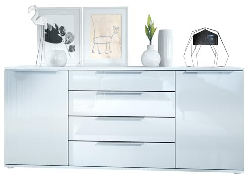 Sideboard Linio V2 – Moderne Kommode mit 2 Türen & 4 Schubladen, Weiß matt/Weiß Hochglanz, 166,5 x 72,5 x 35 cm (BxHxT) – Beistellschrank Anrichte Standschrank
