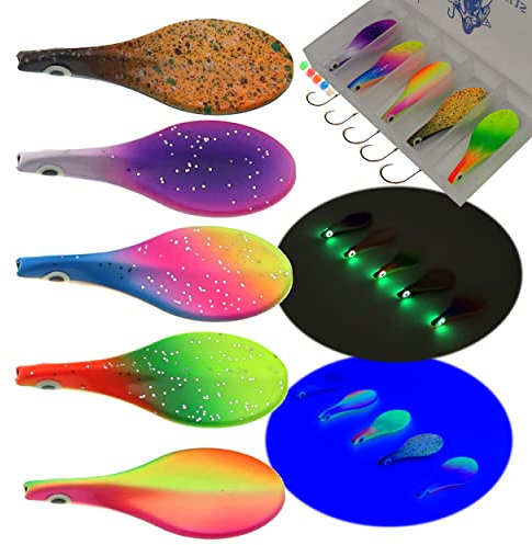 Njord Kalastus Inline Spoon Forelle 5 Stück in Box 4,5g | UV Aktiv und Selbstleuchtende 3D Augen | Durchlaufblinker Forellenköder Angel Set Magic Spoon