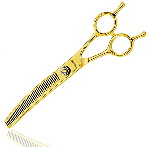 LYNHUAND Professionelle, gebogene Effilierschere für Hunde, scharfe Klingen, Mischschere, Hundepflegeschere, japanischer 440C-Edelstahl, glatte Bewegung und feiner Schnitt, goldfarben, 17,8 cm