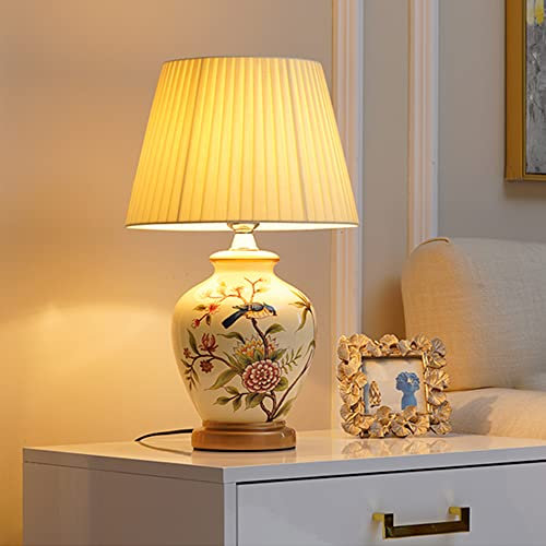 Chao Zan Cerámica luminaria de sobremesa, pantalla de tela, lámpara, máx. 60 W E27 casquillo, 220 V, color Beiges y Blanco，base de bronce，51 x 31 cm