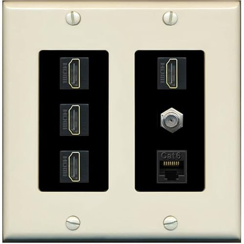 RiteAV Cavo coassiale HDMI a 4 porte - Piastra da parete Ethernet tipo F 1 Cat6 - 2 bande [mandorla chiara/nero]