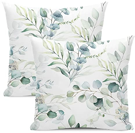AEIOAE Frühlingssalbeigrün Kissenbezüge, Aquarell-Eukalyptus-Blumen-Design, dekorativer quadratischer Kissenbezug für den Außenbereich, Blattdekor für Zuhause, Sofa, Bett, 50,8 x 50,8 cm, 2 Stück