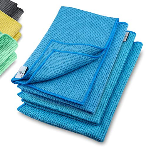 ELEXACLEAN Mikrofaser Trockentuch Waffeltuch, 4er-Pack, 60x40 cm, Blau | Superweiche Microfaser Qualität für Fenster, Auto, Glas, Küche, Geschirr, Bad und Dusche