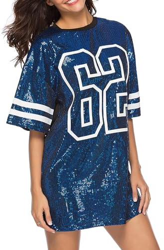 Jigfar Damen Sexy Cute Sparkly Pailletten Kurzarm Casual T-Shirt Kleid, A Blue, Mittel