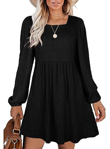 Aokosor Black Midi Dresses for Women Long Sleeve Knit Dress Knee Length Babydoll Tunic Dresses Size 18-20