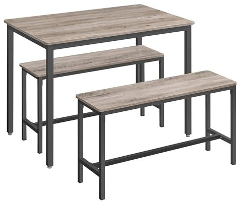 VASAGLE Tavolino da Pranzo con 2 Panche, Set di 3 Pezzi, Tavolo da Cucina 70 x 110 x 75 cm, 2 Panche 30 x 97 x 50 cm, Struttura in Acciaio, Greige Melange e Nero Inchiostro KDT070B02