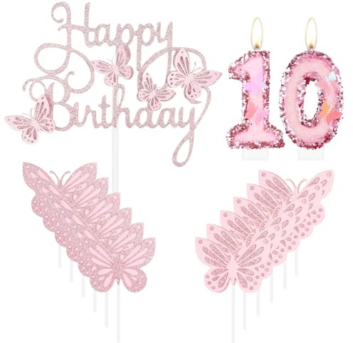 mciskin Happy 10th Birthday Candles,Butterfly Cake Decorations,Pink Number 10 Candle for Cake,Pink Cupcake Toppers Girls,Glitter Butterfly Topper for Girls' 10th Birthday Decorations