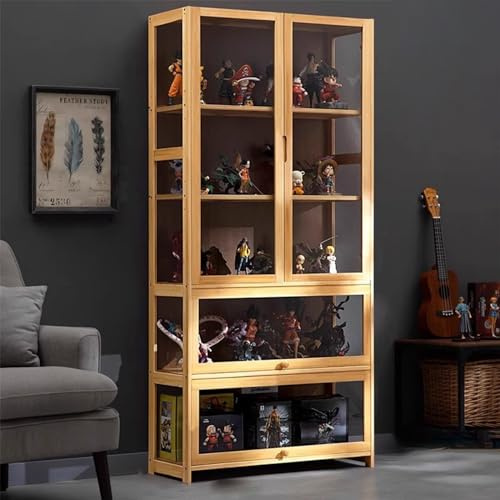 KUYATE Glasvitrine, antiker Vitrine mit Glastür, antiker Schrank, Vitrine, natürlicher Bambusrahmen, Einzel-/Doppeltür-Design, praktische Aufbewahrung, 80 x 32 x 170 cm, Holzfarbe