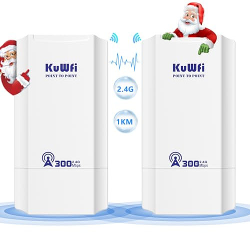 KuWFi Wireless Bridge, 300Mbps WLAN Bridge, 2.4G Indoor&outdoor Point to Point WiFi Bridge CPE mit POE, 2 100Mbps Port, 1KM Long Range Wlan Repeater für Kamera, CCTV, Starlink, Garage, Garten, Wohnung