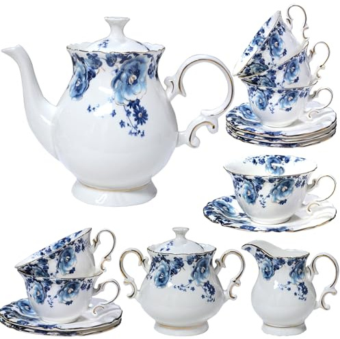 LE POTOCIO 21-Piece Bone China Tea Set for Adults, Blue and White Porcelain Tea Set for 6, Vintage Floral Tea Cup Set With Teapot, Tea Party Sets for Women Gift，Gift Box