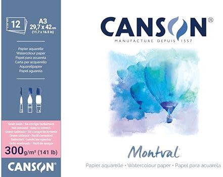 CANSON Montval, Aquarellblock, Satiniert, einseitig geleimt, 300g/m², 12 Blatt, A3 Vollformat 29,7x42cm, weiß