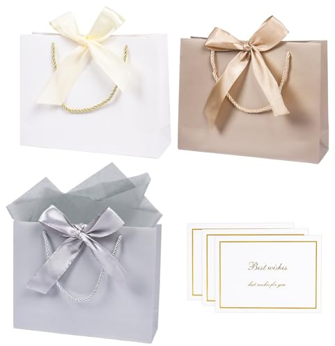 3 Stück Geschenktüten mit Seidenpapier, 26× 20× 8cm Geschenktüten Geburtstag Papiertüten Geschenktaschen mit Henkel für Hochzeit, Geburtstag, Jahrestag(Weiß, Silber, Champagner)