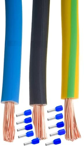 Cable de cableado H07V-K de 2,5 mm², 2,5 mm², juego de 3 x 5 metros de color verde, azul y negro, cable flexible para vehículos con férulas