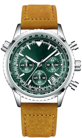 RORIOS Relojes Multifuncional para Hombre Reloj Vuelo Aeronáutico Cronógrafo Reloj de Pulsera Analógico Cuarzo Reloj Simple Casuales con Correa de Cuero Verde