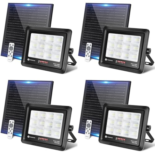 Aigostar Foco Proyector LED Solar con mando a distancia 200w 4 piezas, Blanco Frío 6500K, Foco Solar Exterior Impermeable IP65,Proyector LED Exterior con Brillo y Sincronización ajustables para Jardín