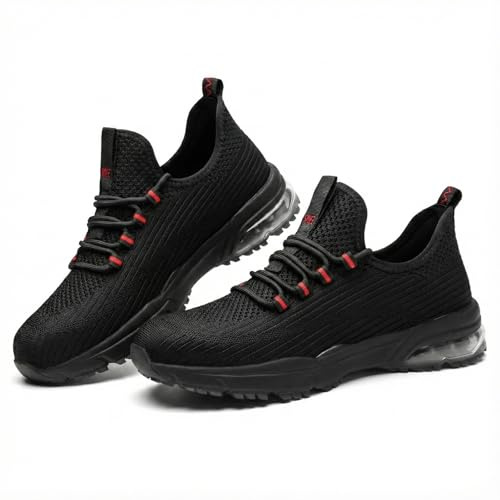 SPIEZ Zapatos de Seguridad para Hombre y Mujer, Zapatillas de Trabajo Ligeras con Puntera Composite, Antideslizantes y con Amortiguación de Aire, Negro/Rojo, EU 36-46
