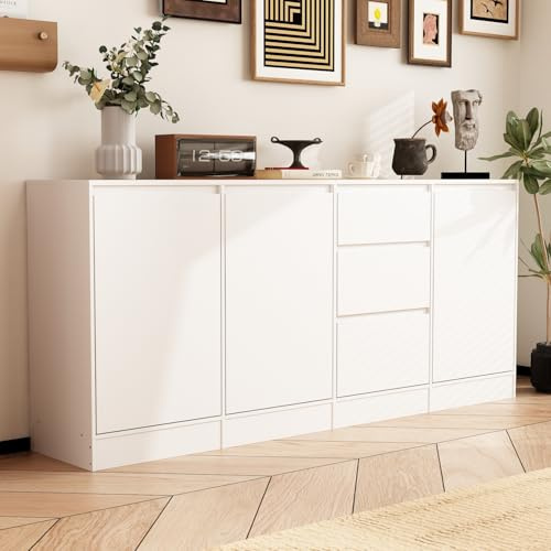 Caldion Sideboard mit 3 Türiges 3-Schubladen Kommode Weiß Aufbewahrungsschrank Sideboard mit Regale Anrichte Küchenschrank Für Wohnzimmer Küche Diele 180X35X80cm Weiß