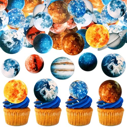 45 Stück Essbare Blaue Weltraum Kuchen Toppers Sonnensystem Galaxie Universum Planeten Torten Topper für Blauen Planeten Babydusche Astronaut Geburtstag Kuchen Dekorationen Weltraum Party Dekor