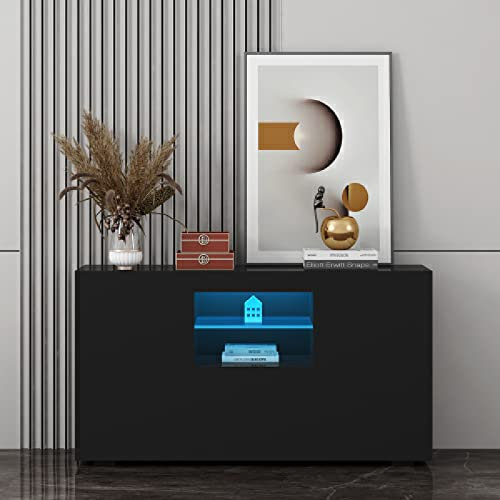 Hochglanz-weißer LED-beleuchteter Sideboard-Schrank für Küche, Wohnzimmer, Esszimmer, Flur, moderner Holz-Buffet-Aufbewahrungsschrank (schwarz)