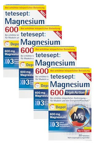tetesept Magnesium 600 Triple Action Depot - hochdosiert - Nahrungsergänzungsmittel für Muskeln, Nerven und Energiestoffwechsel* - 4 x 30 Tabletten