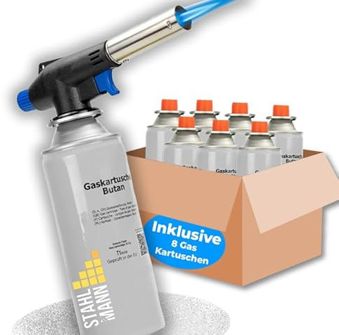 STAHLMANN ® Gasbrenner mit Kartusche 8x227g – Schweißbrenner max. 1300°C Temperatur – Lötlampe mit Piezozündung – Bunsenbrenner Küche -Küchenbrenner (8x Gaskartuschen)