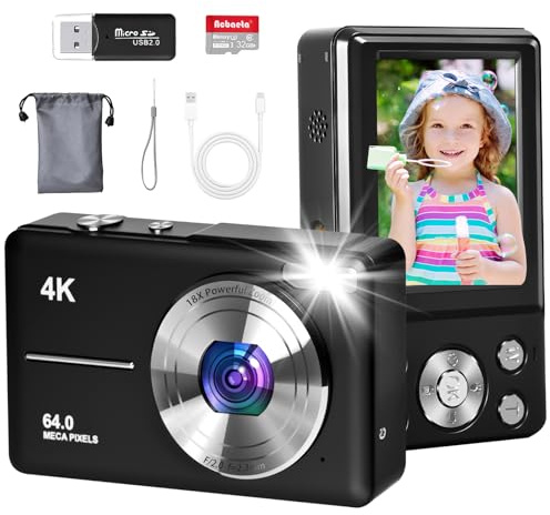 Fotocamera digitale 4K, autofocus da 64 MP, fotocamera per vlogging per fotografia con scheda TF da 32 GB, zoom 18x, schermo da 2,8 pollici, anti-vibrazione, portatile, YouTube, compatta fotocamera