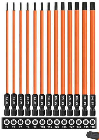 Saipor Juego de 13 brocas Torx de 150 mm de largo para destornillador de impacto, juego de brocas de estrella de acero S2 (T5-T40), broca Torx magnética de vástago hexagonal de 1/4 pulgadas, juego de