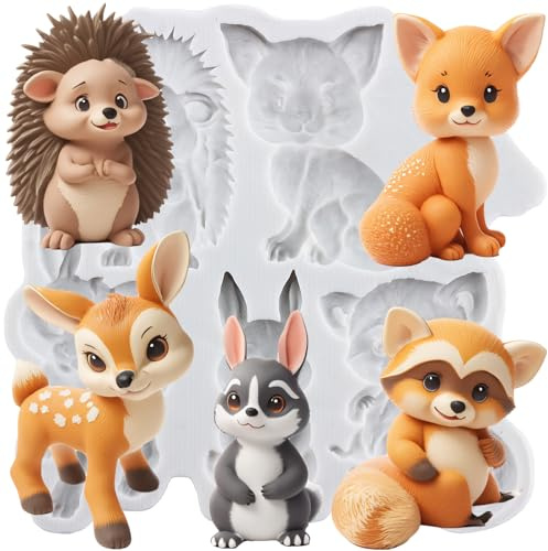 Sijiangmold Animal de la forêt Moule à fondant Renard Écureuil Lapin Cerf Sika Moules en silicone pour décoration de gâteau Chocolat Cupcake Topper Bonbons Argile polymère Pâte à fleurs