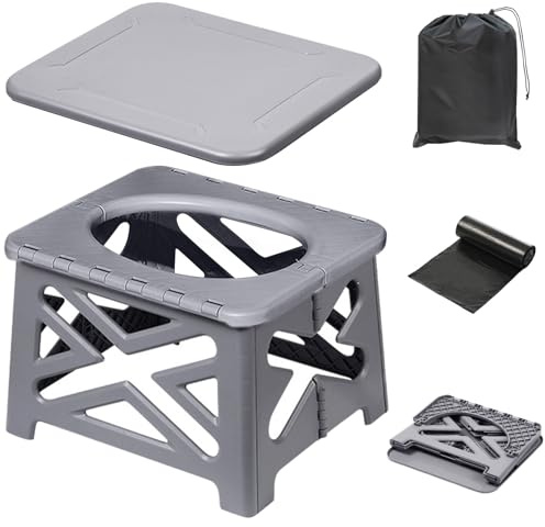 Bcuuozeeing Campingtoilette Faltbar Camping Toiletten(WC) mit Deckel Mobile Toilette mit 12 Müllsäcke, Tragkraft bis 200kg, Trenntoilette Camping für Draußen oder Drinnen, Angeln, Stau - Grau