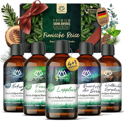 NORDHOLZ® Saunaaufguss Set - [5x100ml Finnische Reise] besonderes & natürliches Sauna Aufgussmittel - intensiver & erholsamer Duft - Sauna Zubehör