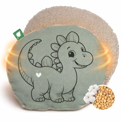 HERBALIND DINO Waschbares Kirschkernkissen für Kinder und Babys - 100% Baumwolle Plüsch Wärmekissen, Wärmekuscheltier Flauschiges wärmendes Stofftier 19x19 cm als Wärmflasche mit Kirschkernen