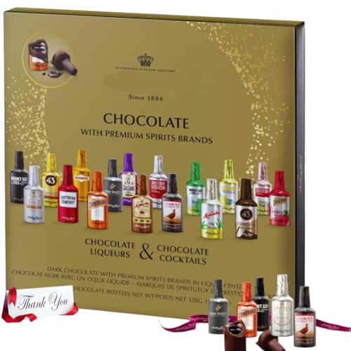 Dark Chocolate Assortment with Famous Liqueurs, Cocktails, Coffee in flavors of margarita, mojito, Irish coffee - 21x Dark chocolate luxury gift set for men women him her 328g