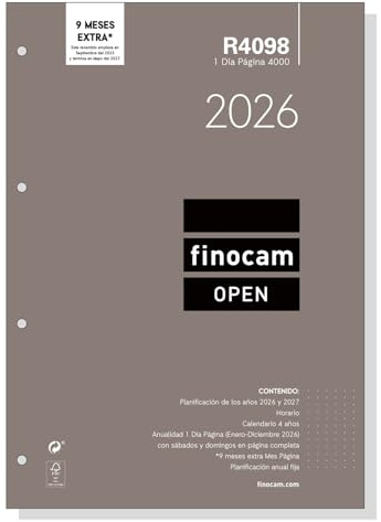 Finocam - Recambio agenda Open 2026 1 Día Página | Enero - Diciembre (12 meses) | Recambio anual agenda R4098 con 4 taladros - Español