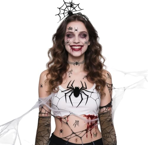 XDGBGFN 10-teiliges Halloween Kostüm Damen Spinne mit Netzstrumpfhose, Stirnband, Spitzenhandschuhe, Spinnen Tattoos Spinnennetz Kostüm Set für Erwachsener, Karneval, Halloween, Maskerade