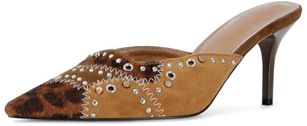 DOEYG Damen Pantoletten mit spitzem Zehenbereich, Schleife, Slipper, Stiletto-Absätze, Sandalen, Kleid, Party, Hochzeit, Nieten, Pumps, C-Leopard, 39 EU