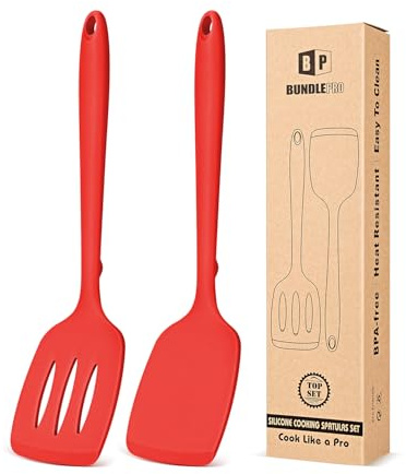 Pack of 2 Silicone Spatula Turners, Non Stick Slotted Kitchen Spatula Set, Heat Resistant BPA Free Kitchen Utensils, One-Piece Design, Suitable for Flipping Fish, Eggs, Steak, Pancakes (RED)