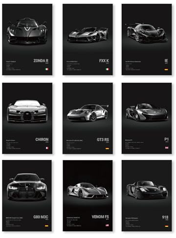 9 PCS Super Sports Car Wall Posters, Premium Cool Wall Decor Art Print Set for Living Room Office Garage Man Cave Home Decor, Car Lovers Gift (Black)