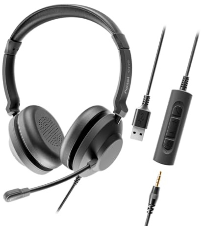 Axtel Ein UC35 Stereo-Headset mit Kabel – USB & 3,5-mm-Klinkenstecker, Dual-Mikrofon mit Geräuschunterdrückung, 40 mm HD-Lautsprecher, Inline-Steuerung, leicht für Büro und Zuhause
