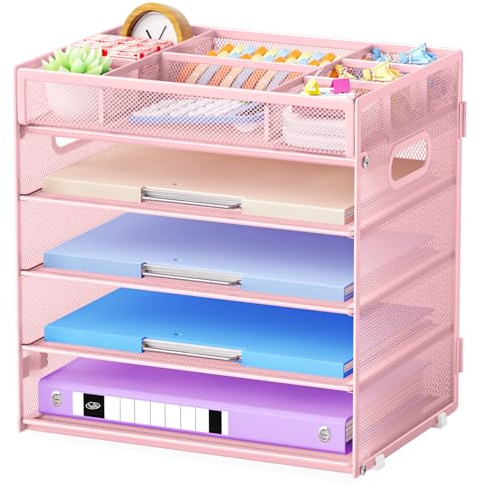 Marbrasse 5-stufiger Schreibtisch-Organizer aus Mesh, Papierkorb mit Verstellbaren Fächern und Griff, Schreibtisch Aufbewahrungsfach für Postdokumente, Home Büro Zubehör (Rosa)