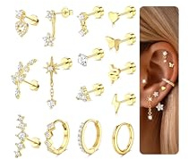 Dochais 12/15Pcs Helix Piercings Chirurgenstahl Ohrringe Damen Hypoallergene Ohrstecker Klein CZ 14K Vergoldet Creolen Ohrringe Set Flatback Cartilage Conch Tragus Piercing Ohr Schmuck Gold Silber