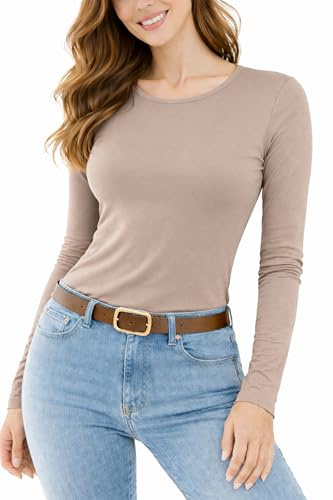 Re Tech UK - Ladies Long Sleeve Tops for Women - Basic Round Neck - Soft Stretch Fitted Top for Women - Plus Size - Black White & More Colours - Great Womens Long Sleeve T Shirts, Mocha, SM