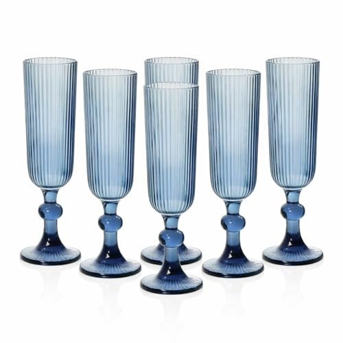 MECSAL CASALINGHI Set 6 Calici Flute in Vetro Rigato 155 ml – Calici Champagne e Aperitivo Eleganti, Design a Righe, Vetro Colorato, Lavabili in Lavastoviglie (Blu)