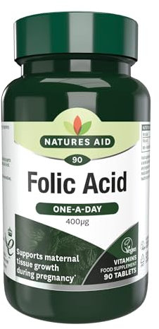 Natures Aid Comprimés D'acide Folique du Soir 400 mcg - Vitamine B9 Végétalienne - Soins de Grossesse Croissance des Tissus Maternels Pendant la Grossesse - Capsules de 90 Jours
