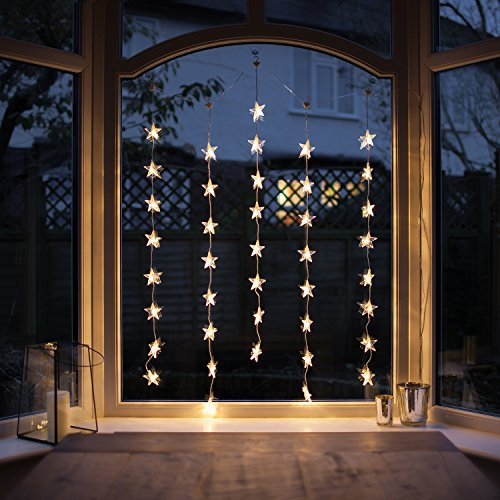 Lights4fun Indoor Hanging Festive Star Curtain Window Light with 40 Warm White LEDs on Clear Cable, Plug-in Safe Festive Christmas Display Window Decoration, 1m x 1m