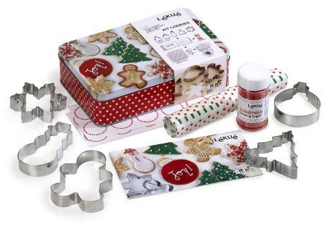 Lékué Emporte-pièces à cookies de Noël - 5 pièces - Boîte cadeau avec accessoires de décoration, recette et 20 poches à papier cadeau