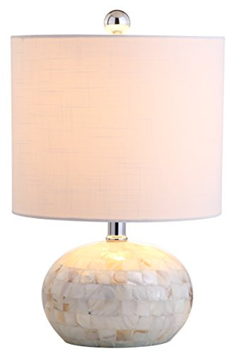 JONATHAN Y 16 Coastal Capiz Shell Mosaic Table Lamp for Bedroom Living Room, White Linen Shade, Transitional Cottage Nightstand Lamp, UL Listed, LED Bulb Included JYL1022A