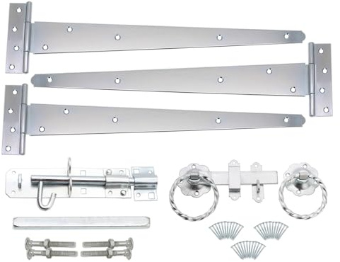 Infinity Decor Heavy Duty 18” Tee Hinges (3) Twisted Ring Gate Latch, Brenton Bolt Pack Galvanized Zinc Garden Gate Hanging Kit - for Wooden Barn, Shed Doors