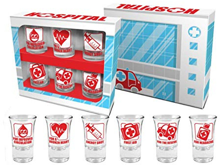 Set 6 Vasos de Chupito Hospital con Distintos Iconos y Frases Divertidas