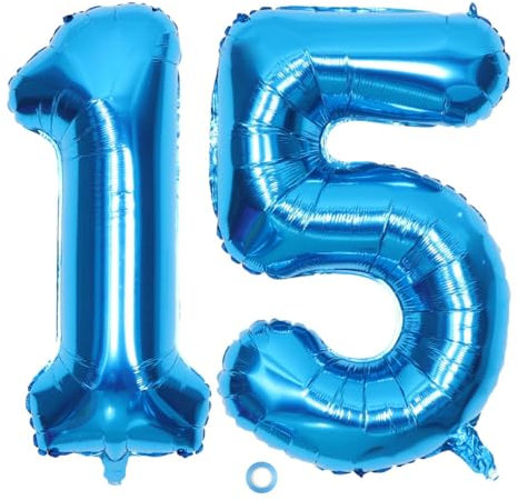 SNOWZAN Ballon gonflable 15e anniversaire décoratif bleu garçon chiffre 15 géant ballon hélium numéro 15 ballons grands chiffres 15 ans XXL 15e Happy Birthday 32 pouces géant chiffre